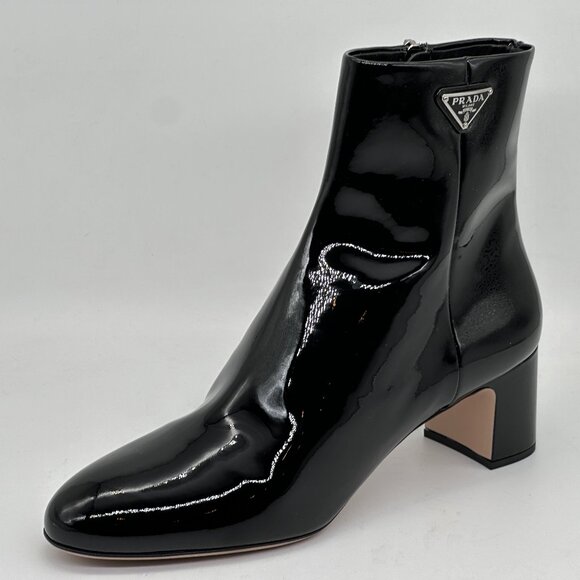 PRADA Triangle Logo Patent Leather Block Heel Ankle Booties Boots Shoes - Picture 4 of 16